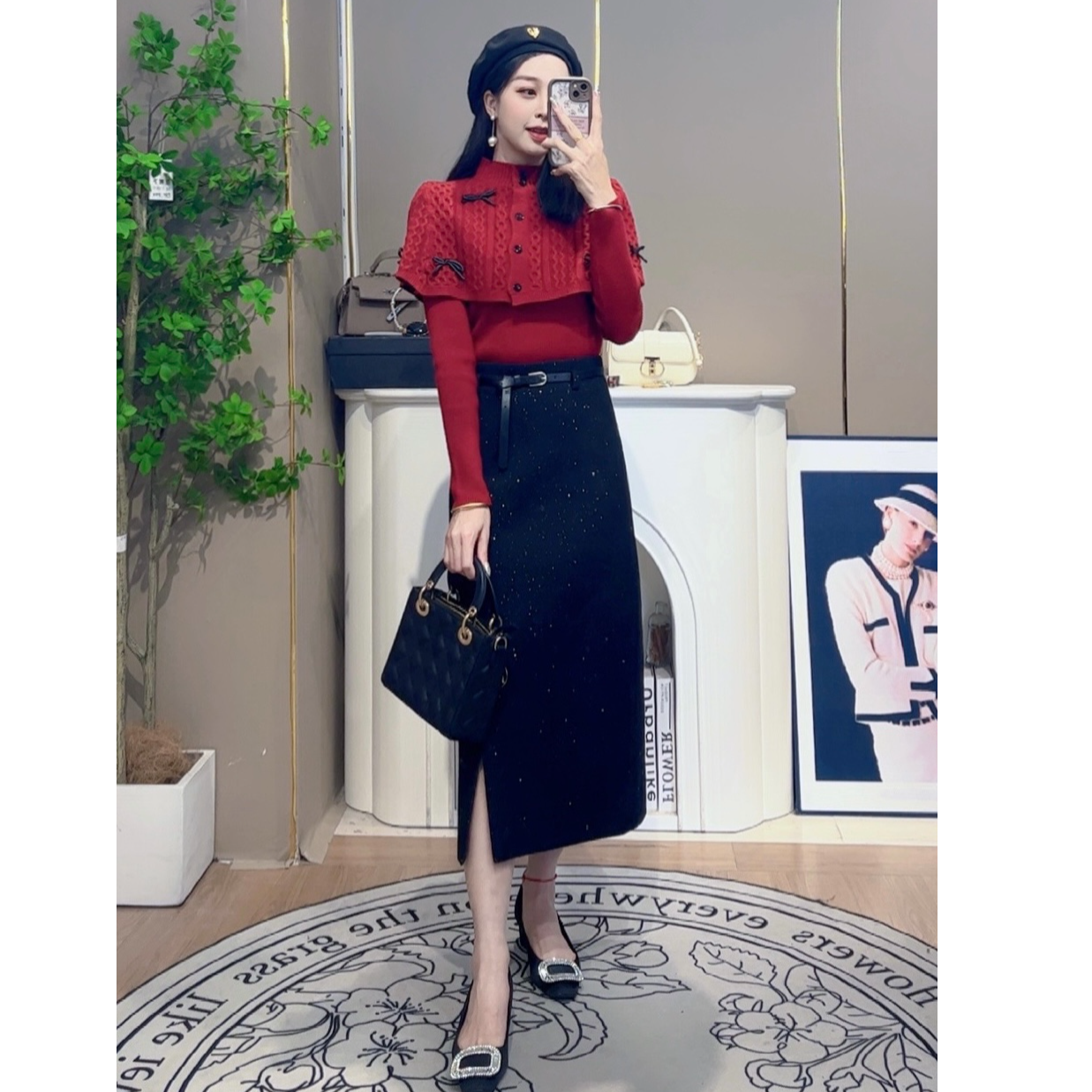 送腰带【闪耀星辰】重工亮片毛呢高腰显瘦气质时尚前开叉半身裙女