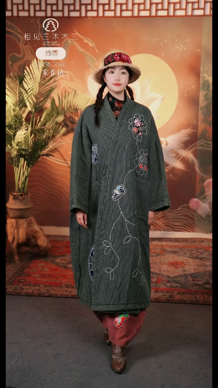 棉麻绿色外套长款699