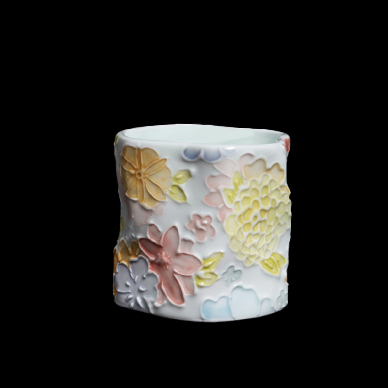 景德镇高温青白釉万花杯手工手绘立体釉创意陶瓷水杯茶杯（微瑕）