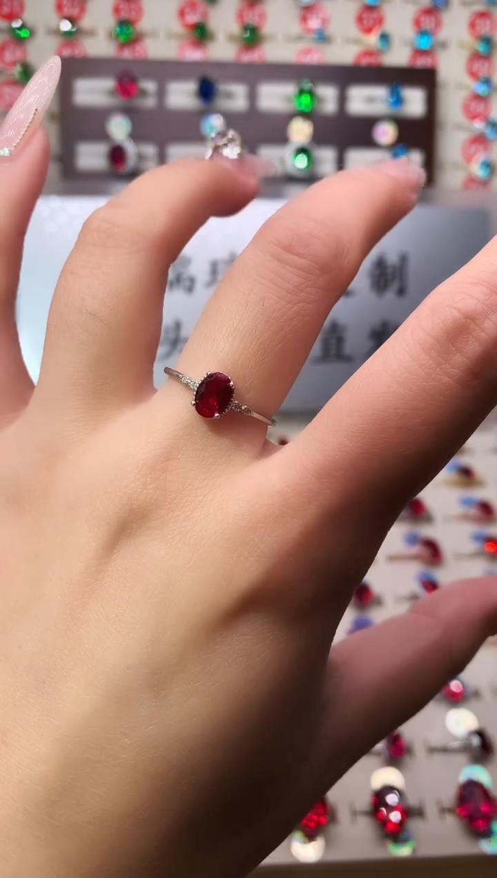 银S925镶嵌戒指红宝石5*7 酒红 银托