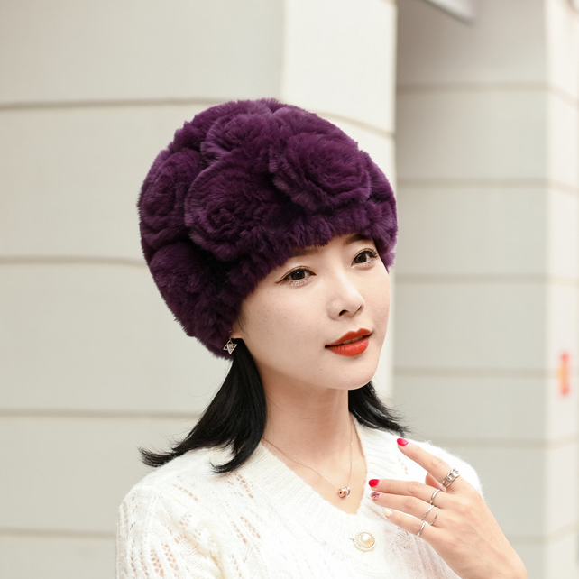 獭兔毛帽子女冬季新款中老年奶奶帽保暖妈妈皮草花朵帽秋冬护耳帽
