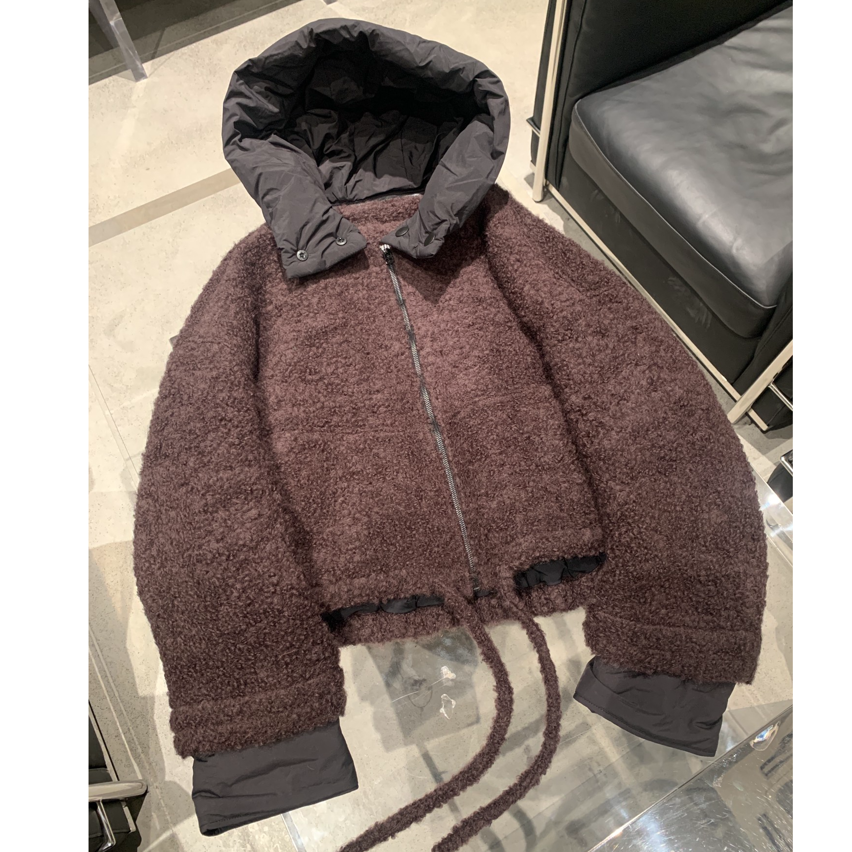 雾紫色厚款毛毛连帽可拆卸抽绳下摆宽松廓形外套 WT6639