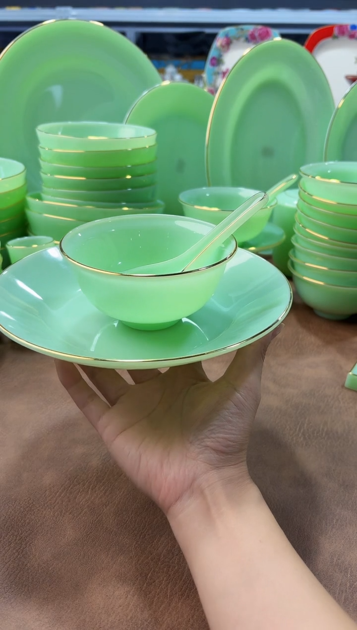 玉瓷 三件套盘碗勺4套   