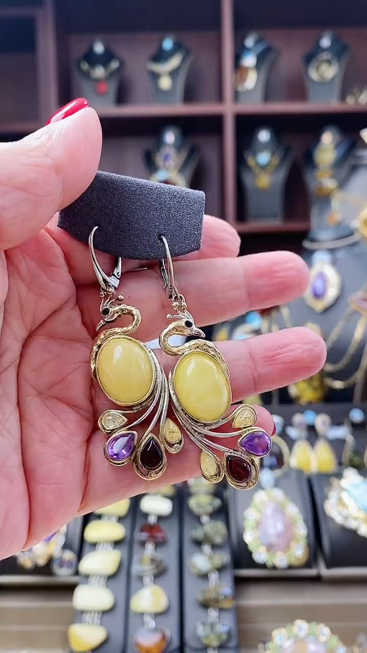 【闪购商品】琥珀耳饰银S925镶嵌耳环