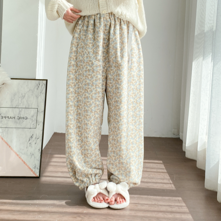高腰托腹睡裤女冬糯米绒加厚大码胖MM200斤宽松孕妇保暖家居长裤