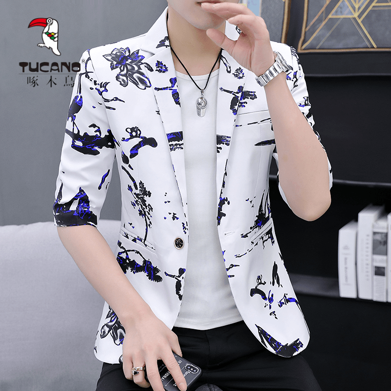 啄木鳥夏季七分袖西服男修身薄款个性印花中袖小西装休闲印花