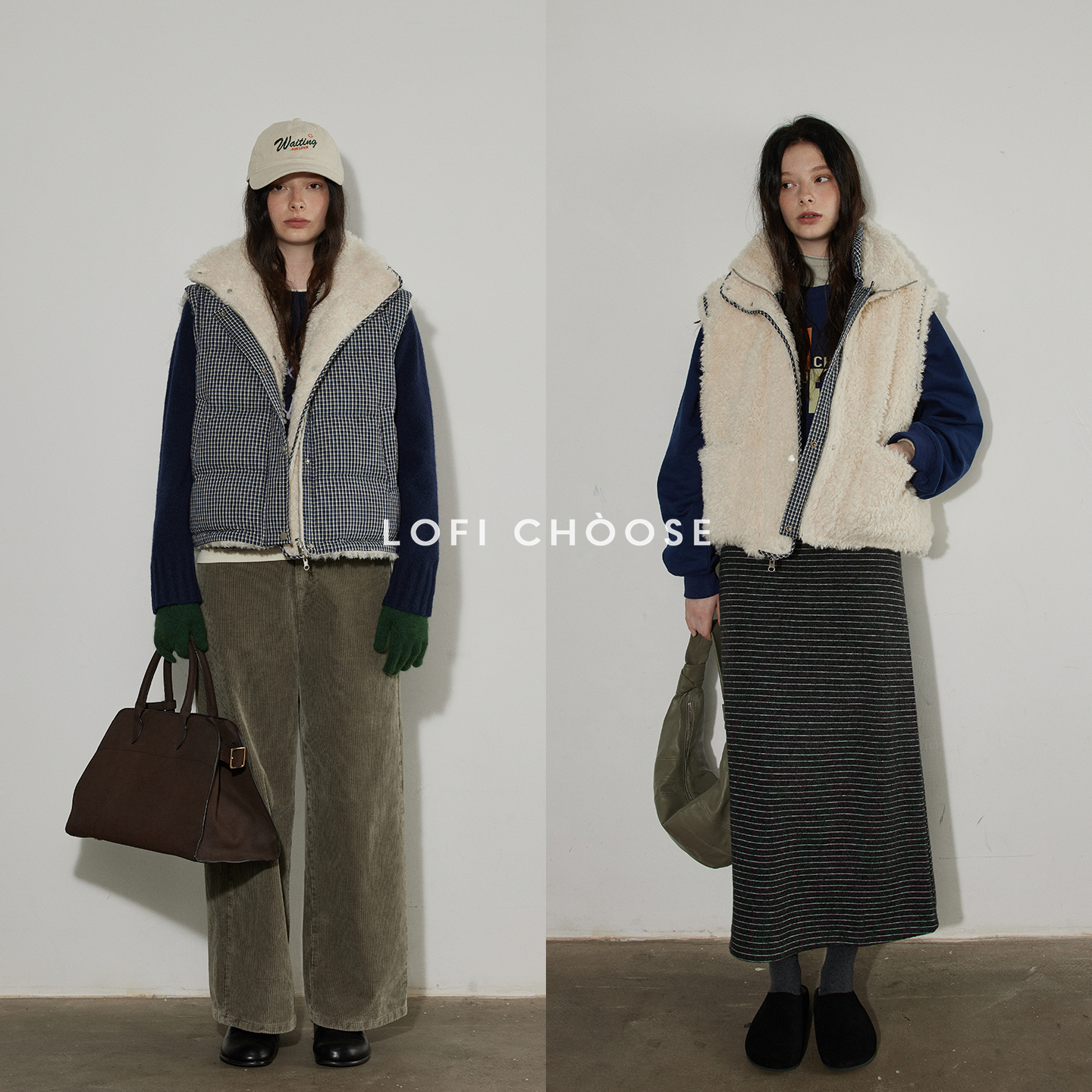 Lofi choose 双面穿格纹翻领羽绒马夹女冬季新款保暖环保皮草外套