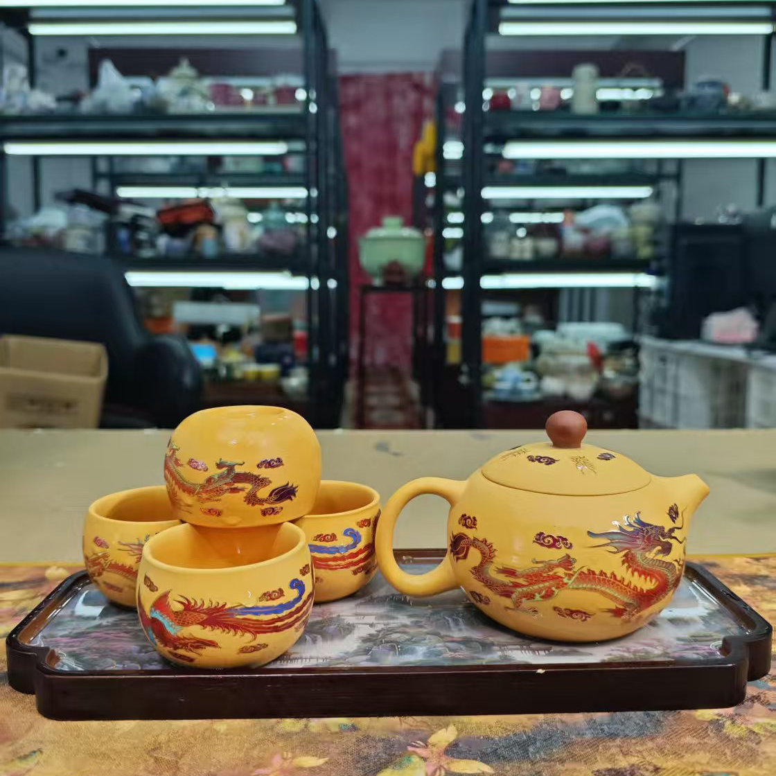 瓷韵优品 紫砂段泥龙凤西施壶一壶四杯带变色茶盘-2767