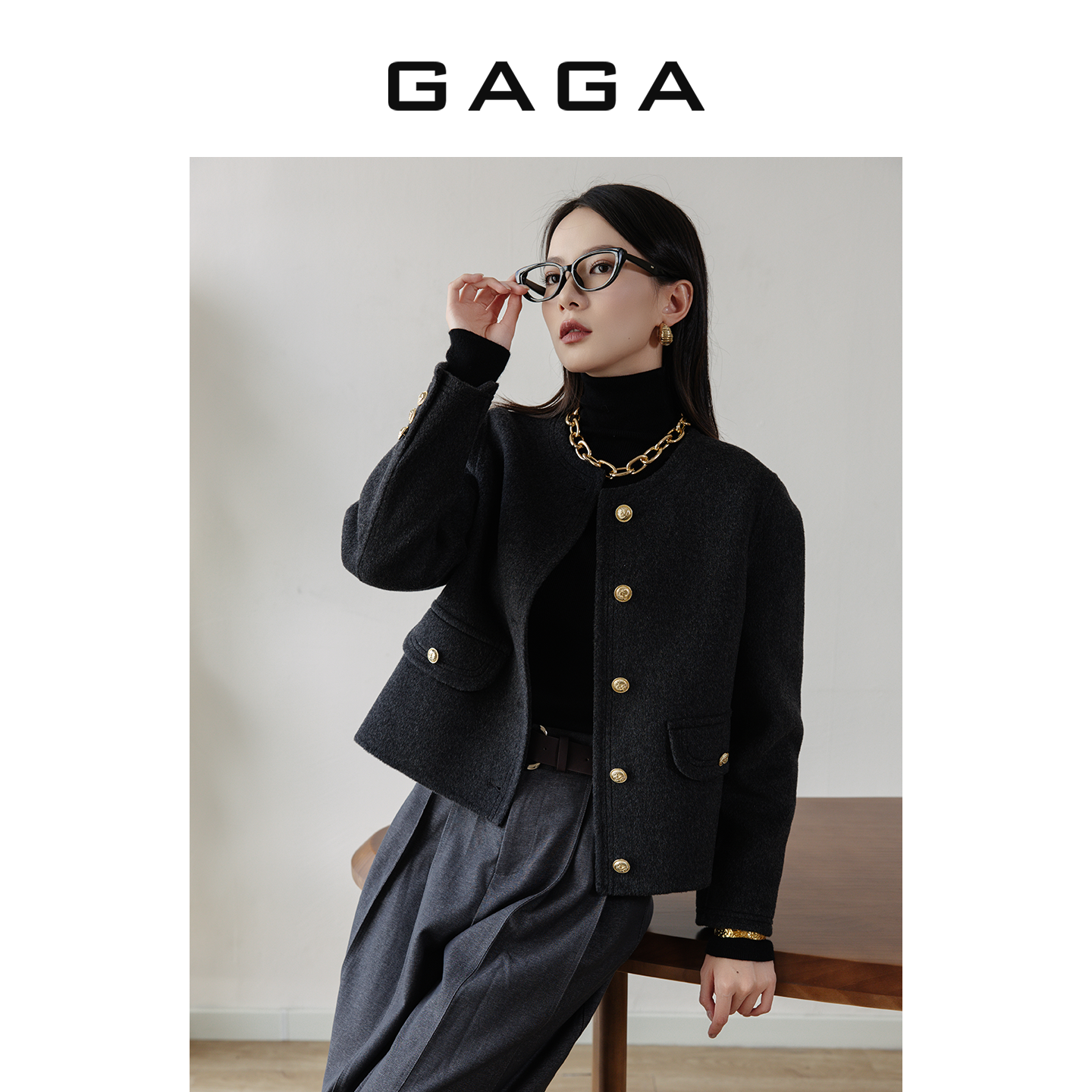 【门店同款】GAGA 短款双面羊绒大衣宽松高端毛呢外套G54S01805