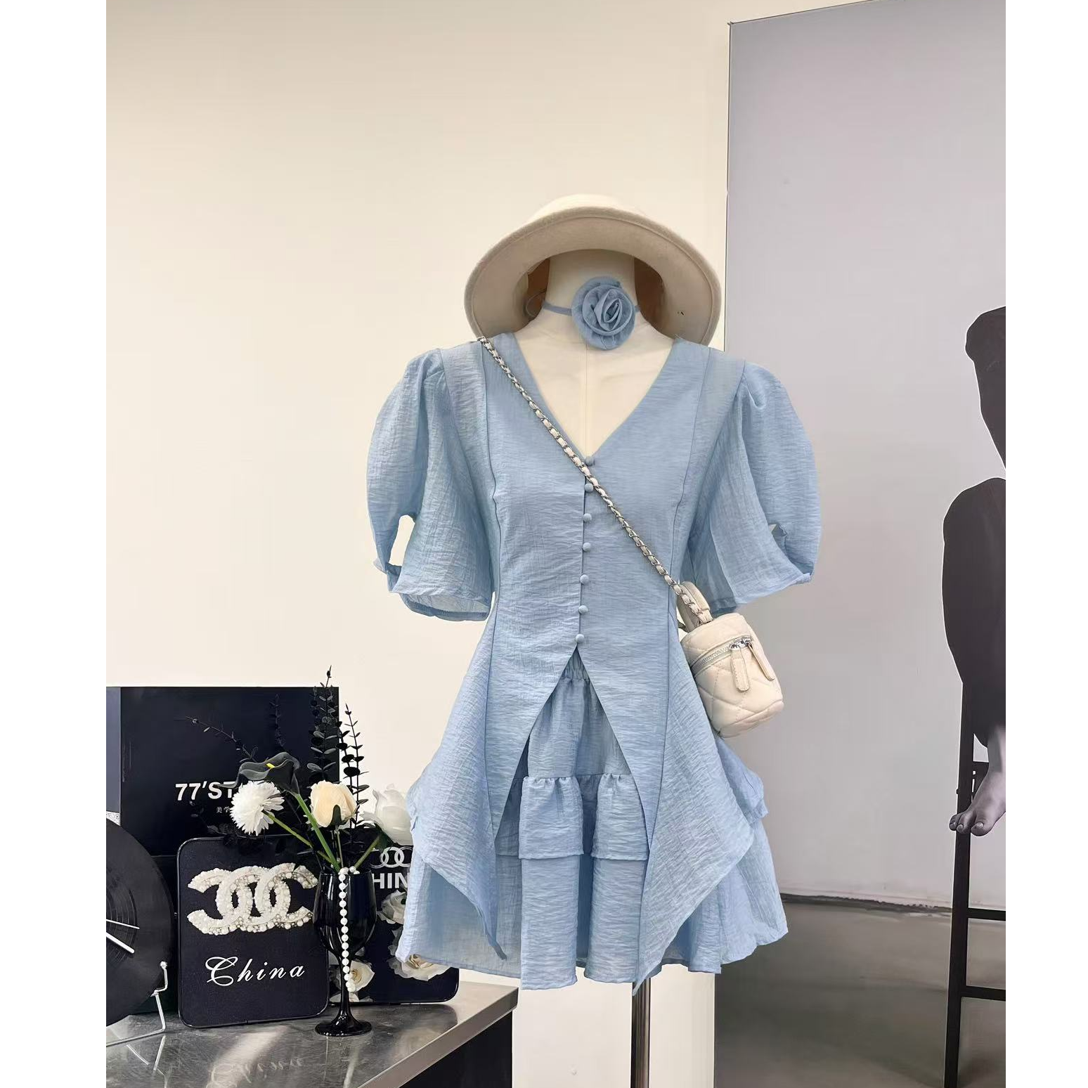 【蓝色星河】新款收腰v领不规则气质温柔套装-2256