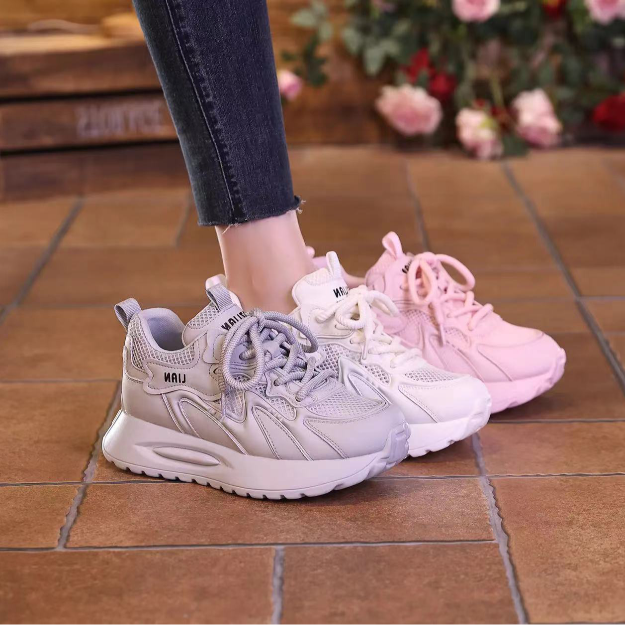 现货在仓 3888增高5CM新款厚底网面透气休闲运动鞋女老爹鞋