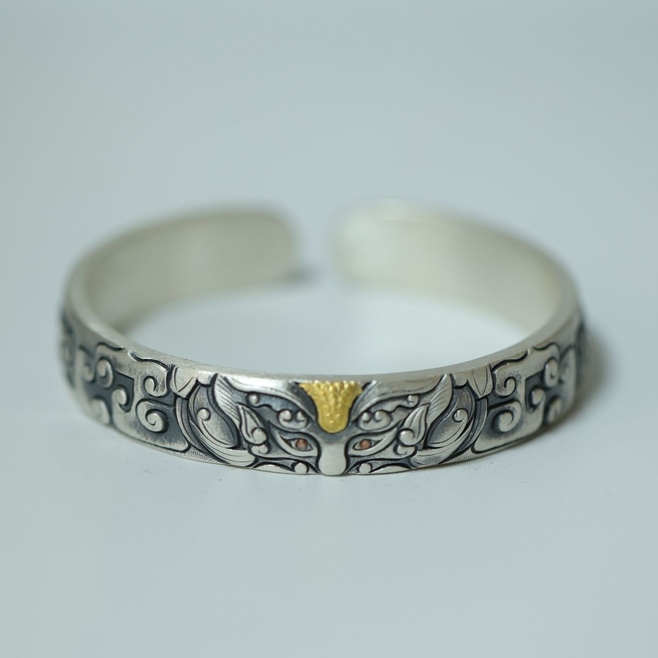 足银手镯 【峰辉】足银999纯手工錾刻复古气质百搭精工招财貔貅手镯