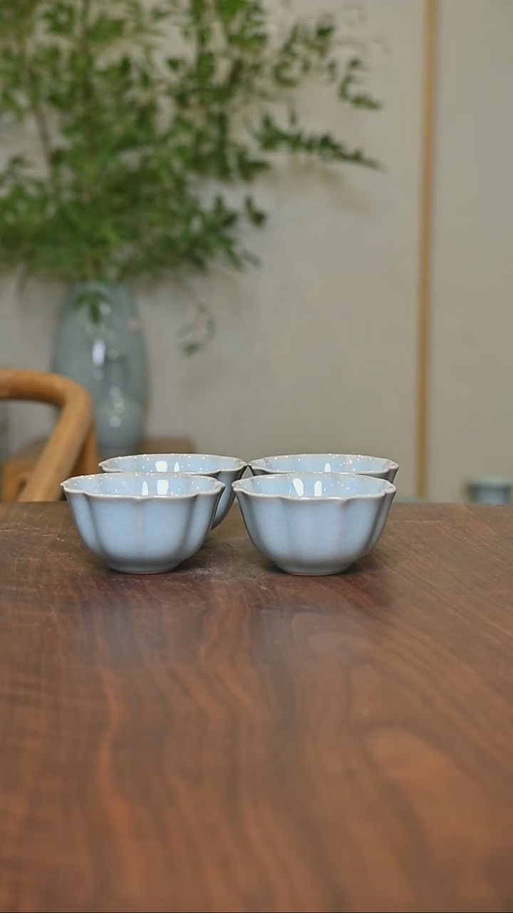 杯微瑕天青釉朱家汝窑款宝相杯4只