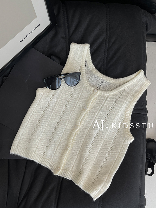 现【叠穿天菜】阿卷秋装韩版儿童时尚镂空休闲灰色针织马甲MPG4927