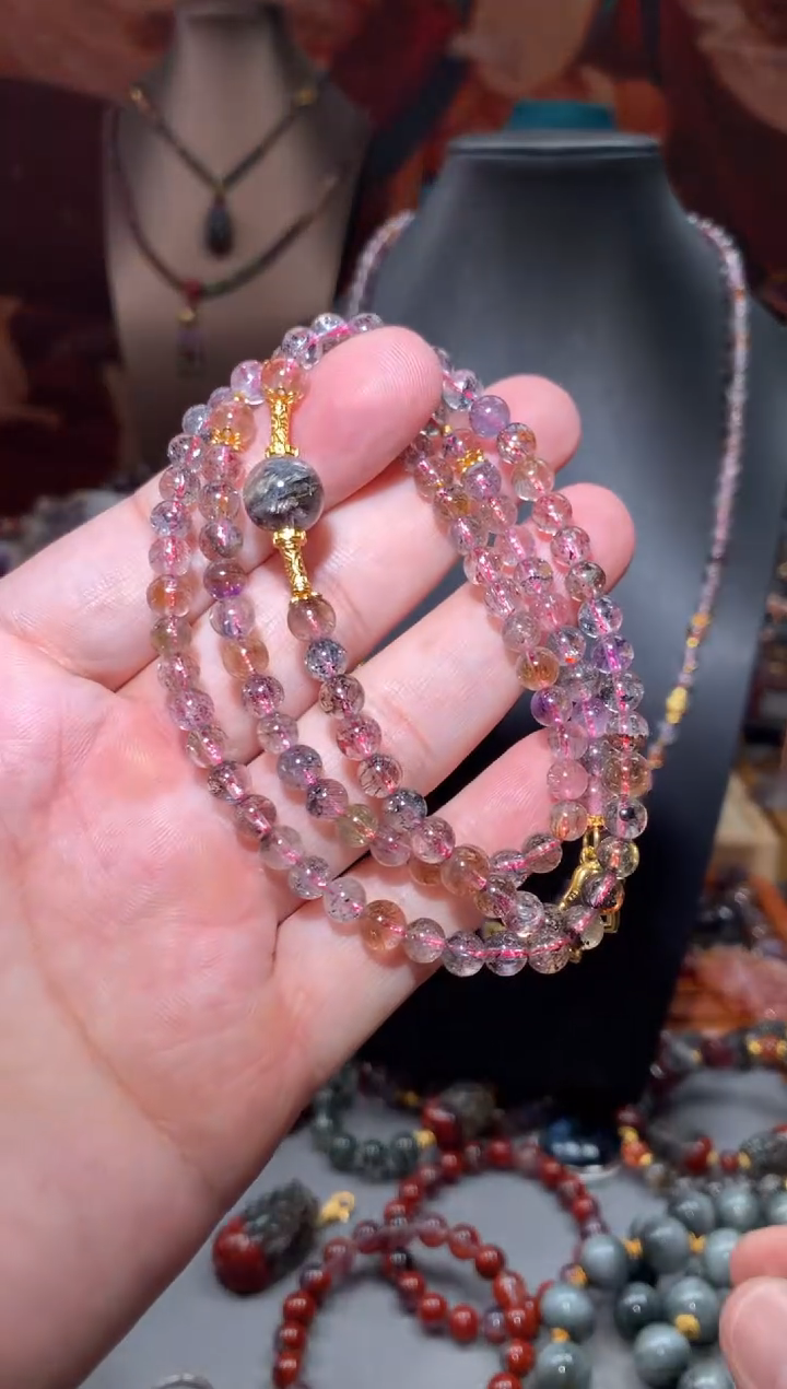 未镶嵌珠宝半成品水晶超七彼岸花黑银钛万能链，多样性