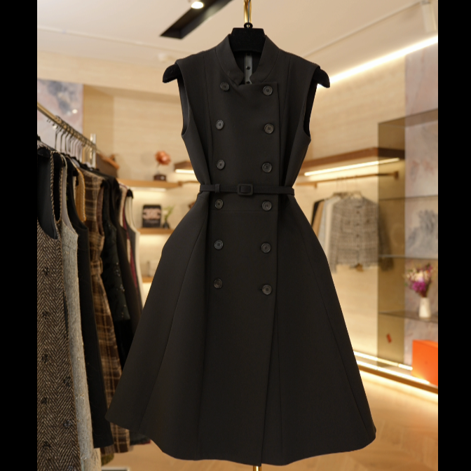 【J】复双排扣黑色显瘦大裙摆西装中长款连衣裙JJ023
