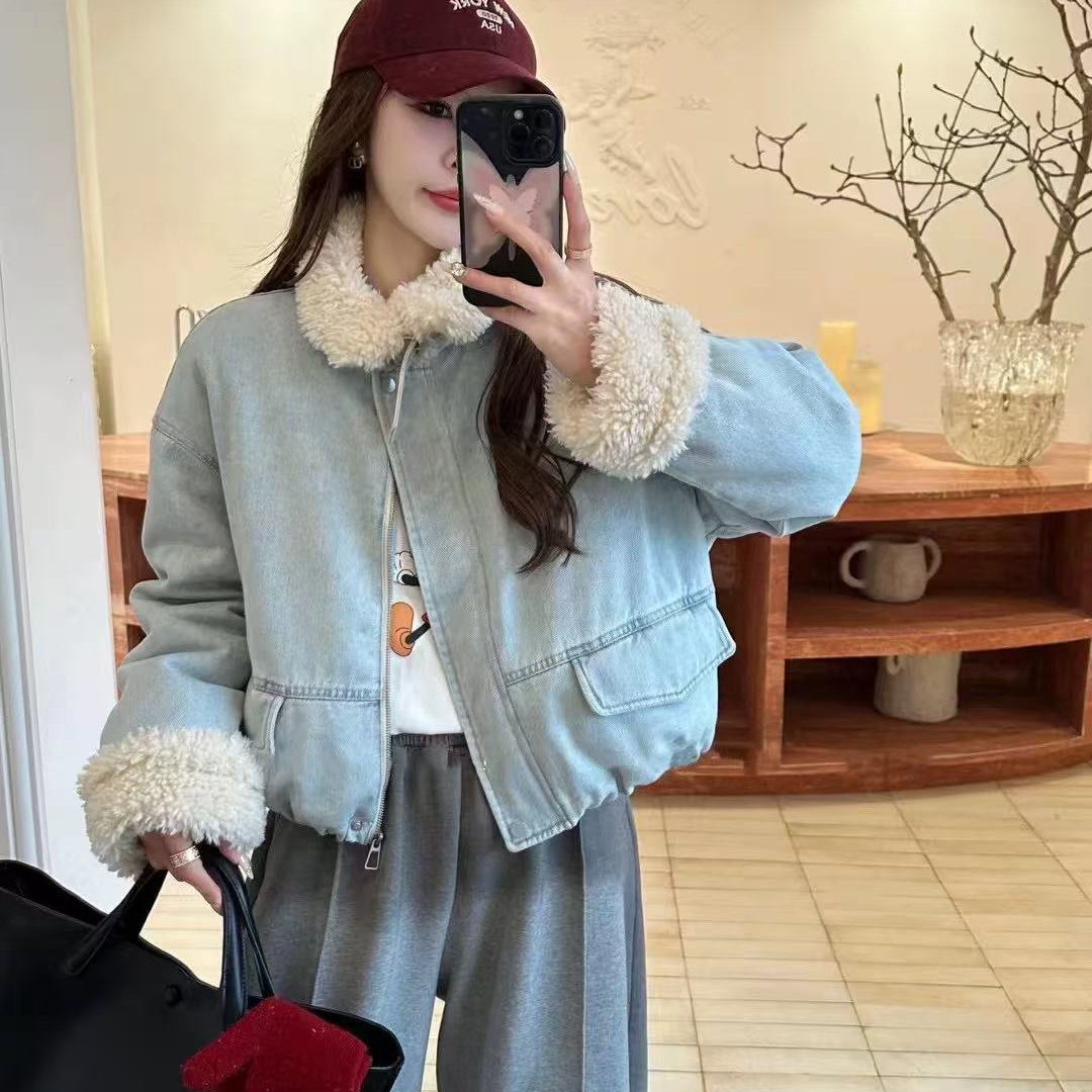 超好看羊羔毛领内里羽绒服短款牛仔保暖夹克衫外套女冬季新款潮流
