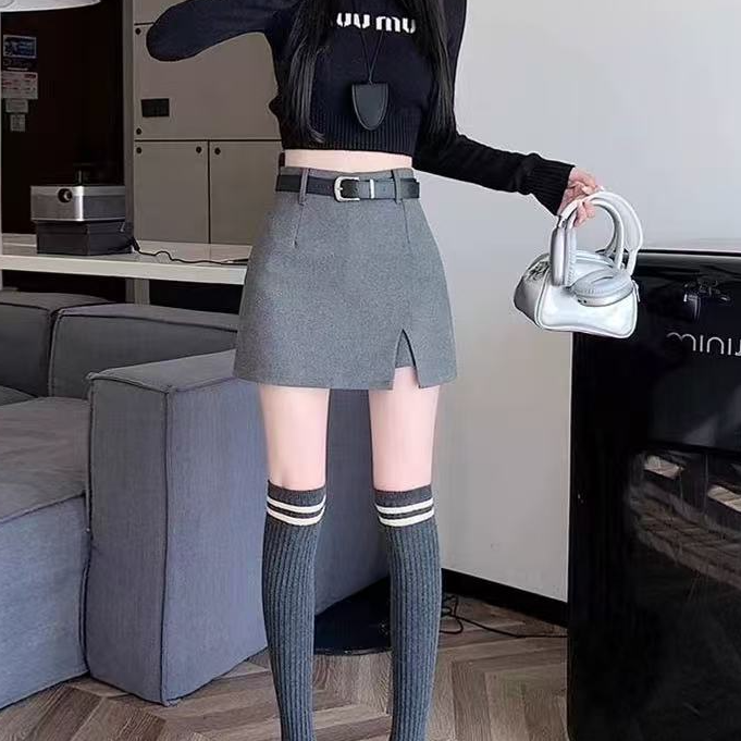 开叉半身裙女高腰a字裙防走光显瘦辣妹超短裙