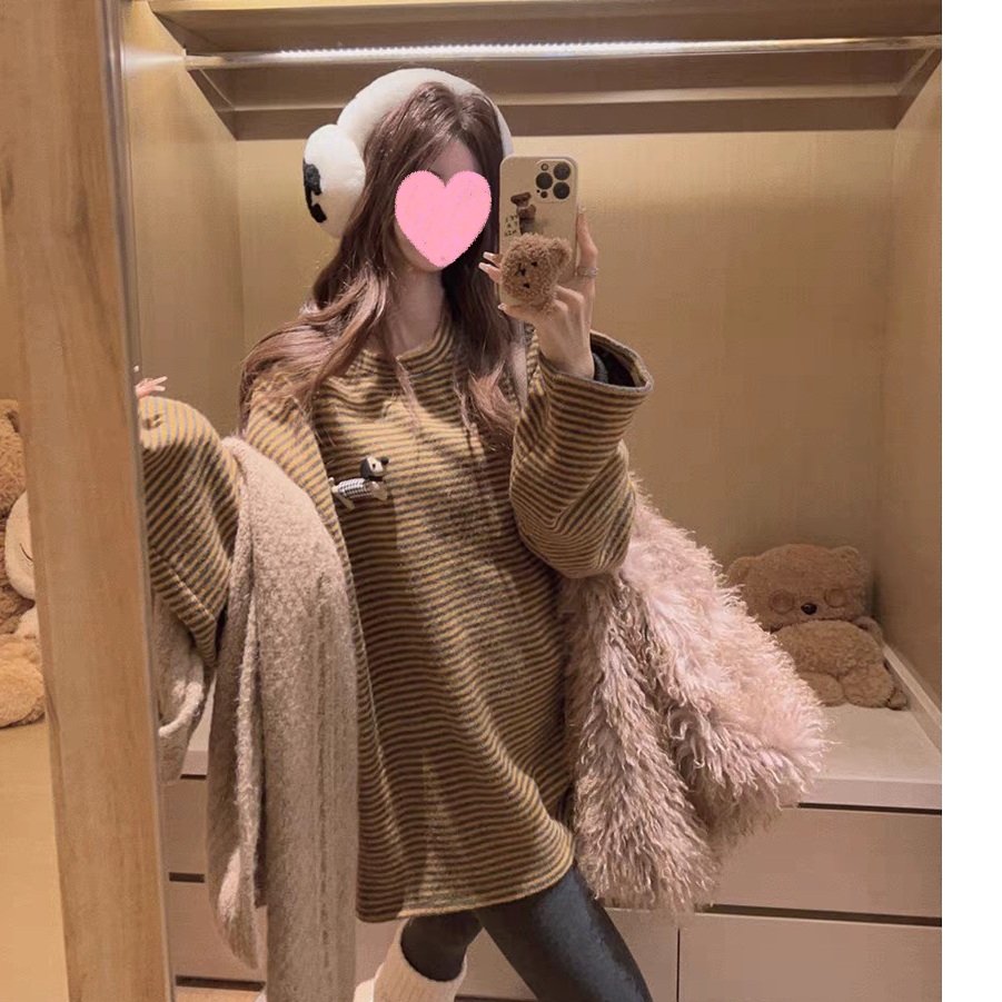 2025新款冬季韩版圆领套头长袖磨毛条纹百搭宽松时尚打底上衣5095