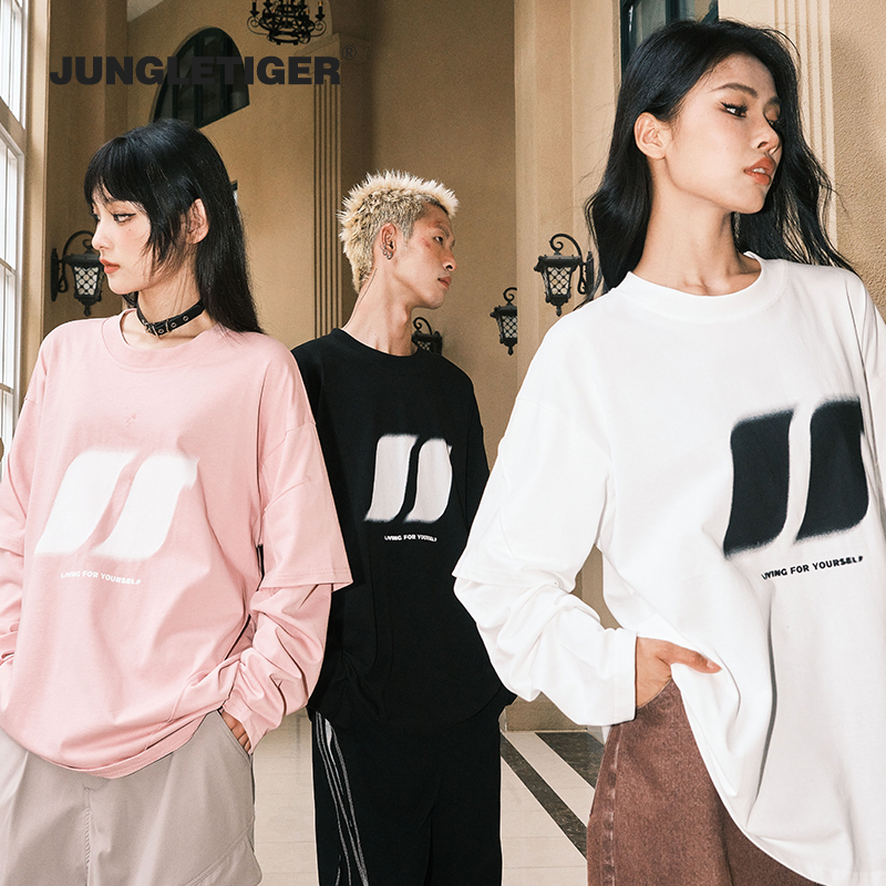 丛林老虎logo丝网印花假两件长袖T恤280g重磅纯棉圆领上衣男女