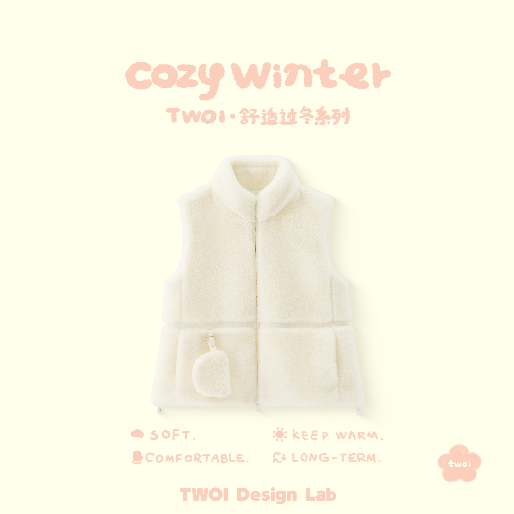 TWOI Design Lab"Cozy Winter系列"「奶油双色可拆卸挂饰澳毛马甲」