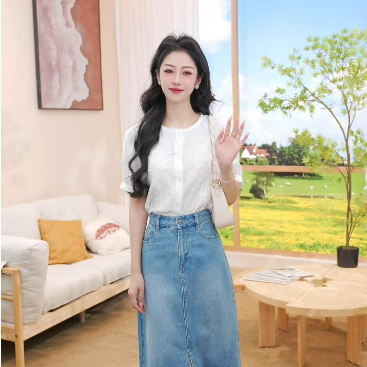 【商场同款】茵曼秋季新款女装刺绣薄款衬衫时尚显瘦宽松短袖衬衣