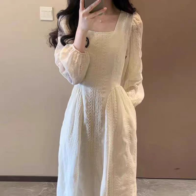 [F1027]新款温柔风重工蕾丝连衣裙子女早秋季法式初恋系收长裙