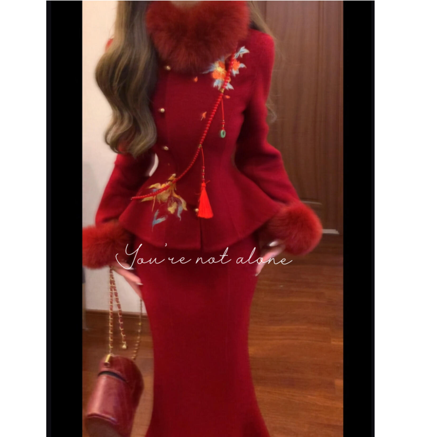 2025冬季新款高级感新中式国风红色宴会毛呢外套鱼尾半身裙套装女