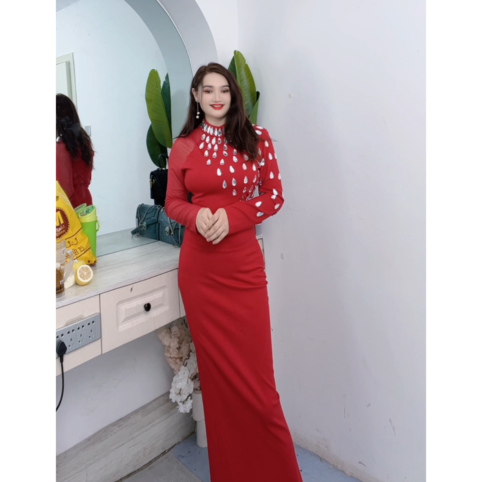 8780【丽亚】【布买热娅】新款水晶钻镶嵌礼服款女装连衣裙