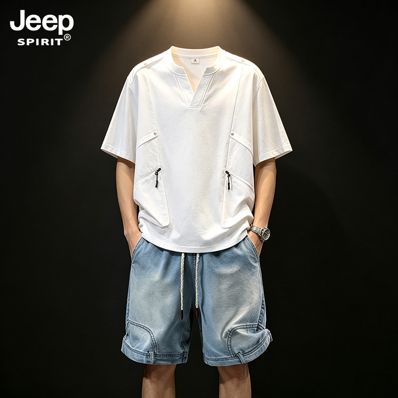 JEEPSPIRIT吉普套装男士夏季新款V领短袖短裤大码宽松休闲两件套