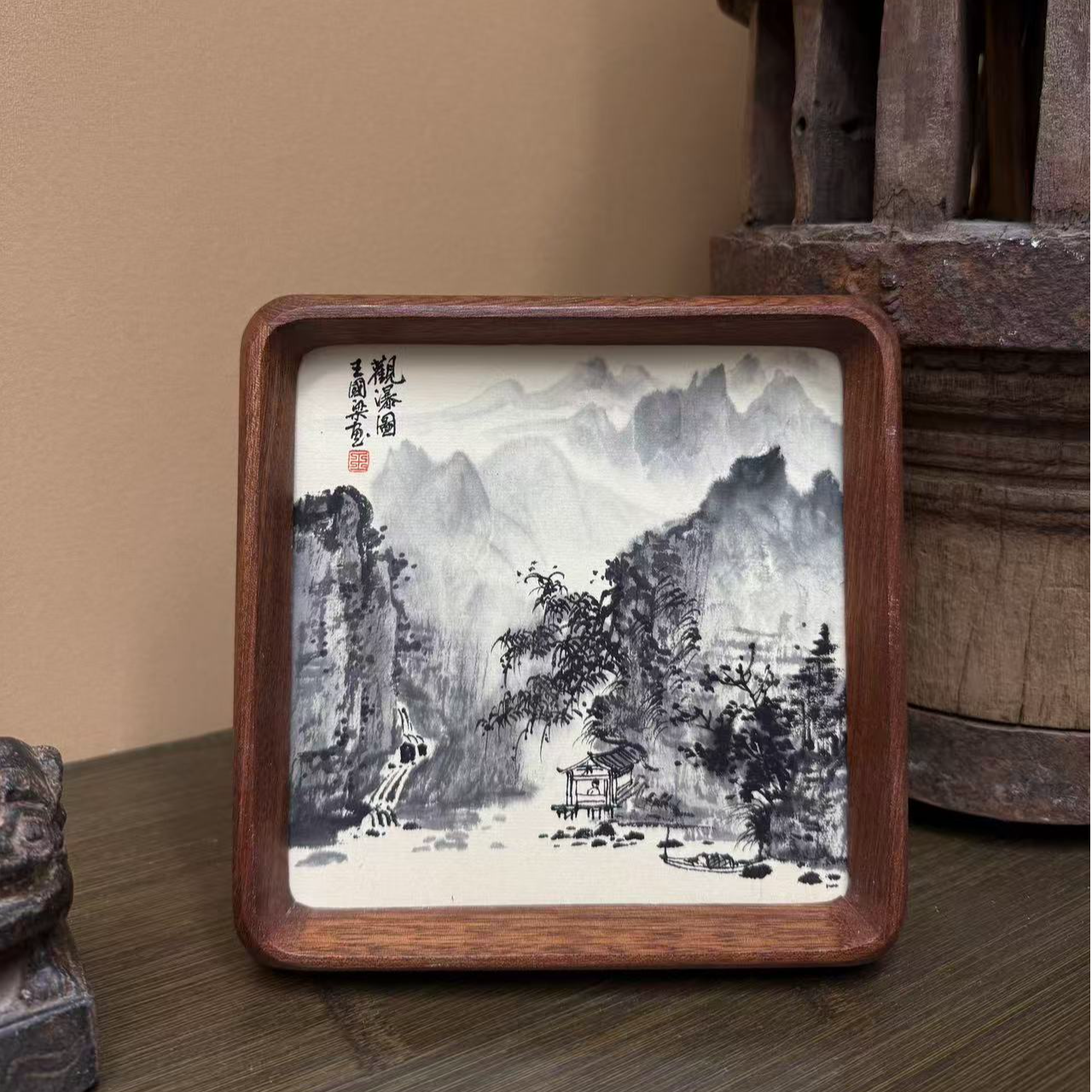 《观瀑图》17×17山水装饰画