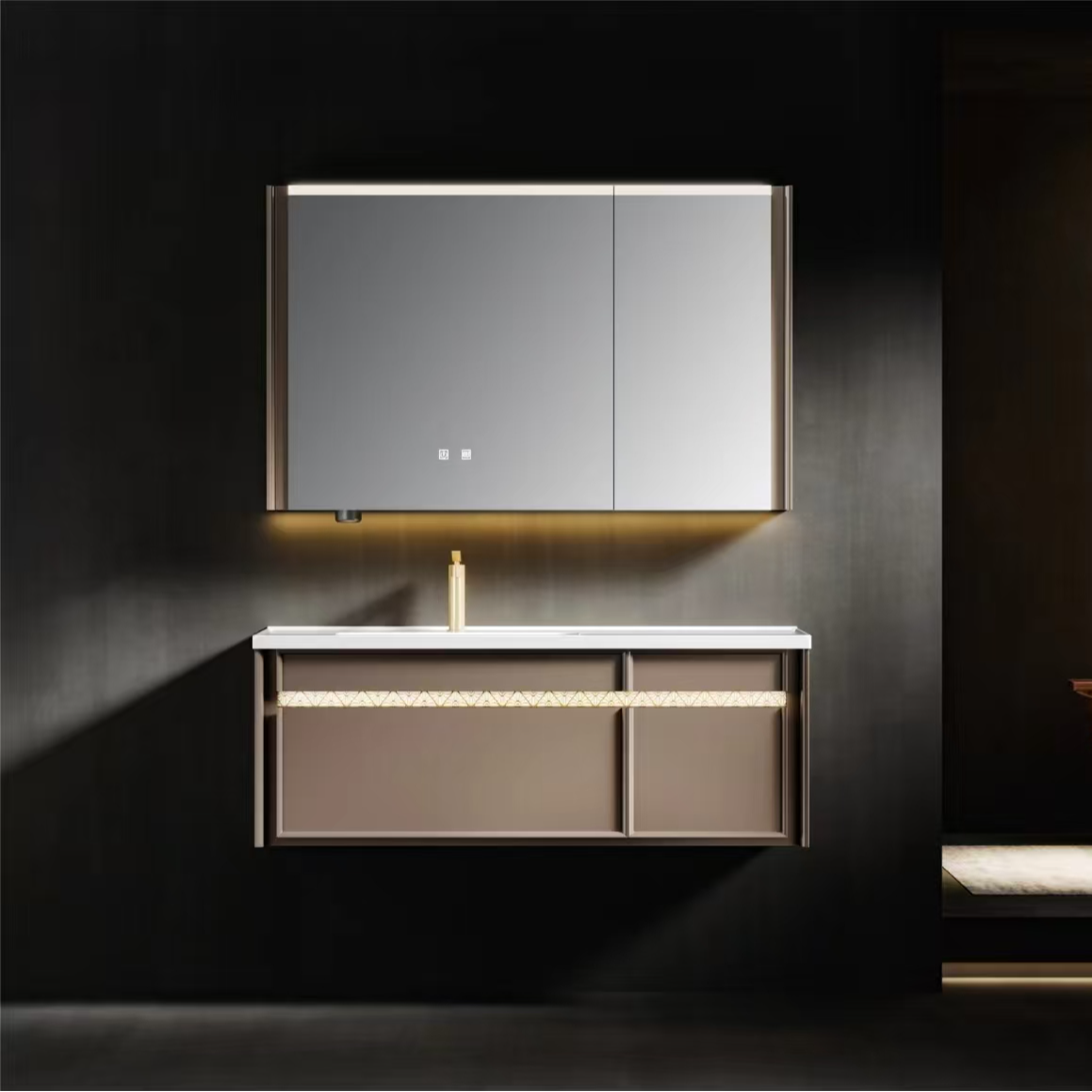 轻奢简约智能实木烤漆浴室柜搭配陶瓷一体盆