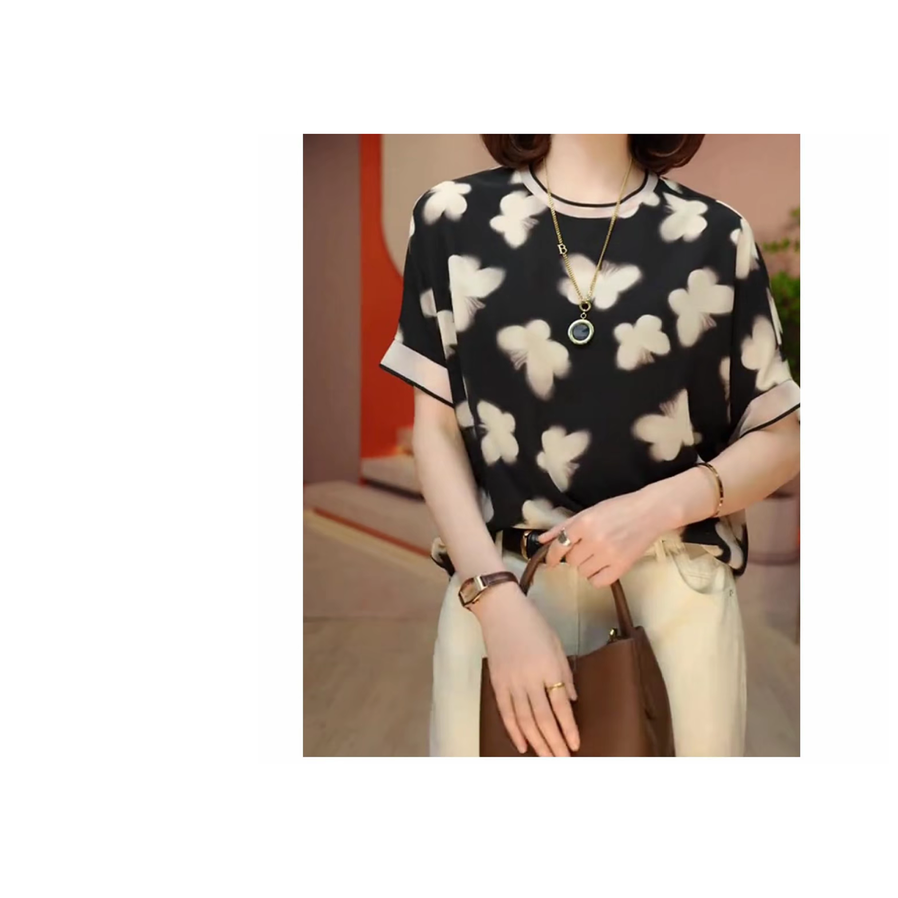 A171 2025夏装新款桑花宽松百搭气质显瘦雪纺衬衫上衣