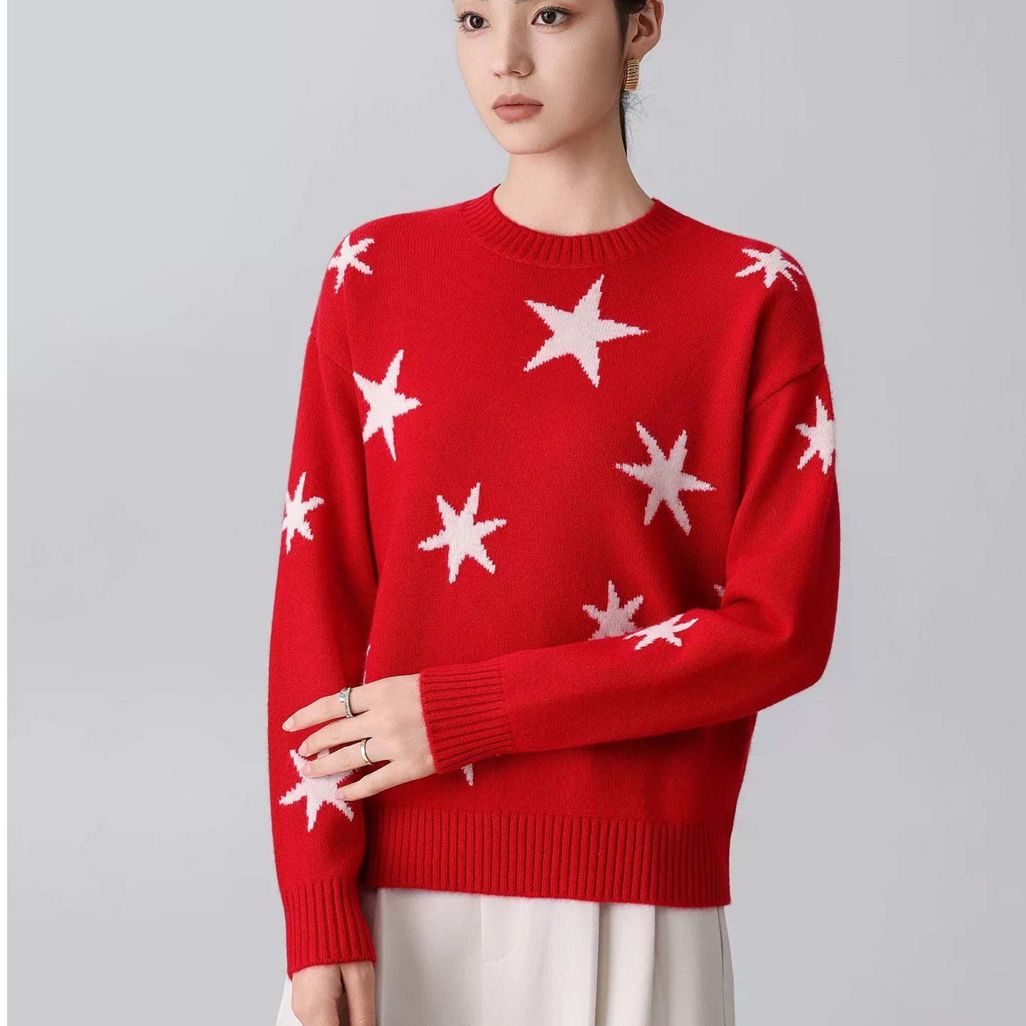 秋冬新款 圆领提花加厚100%山羊绒女士套头衫