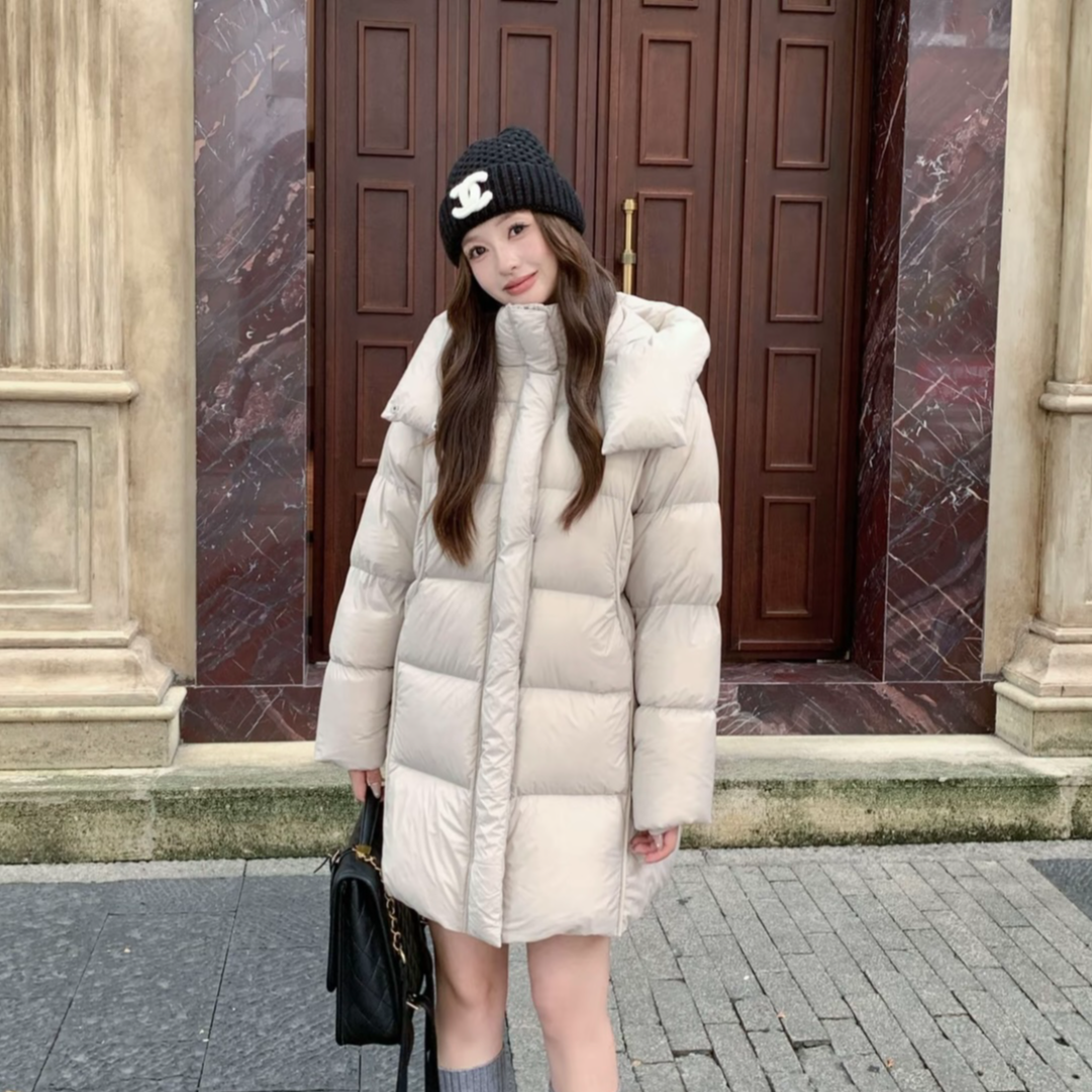 《现货+运费险》云朵泡芙鸭绒连帽休闲中长羽绒服加厚保暖纯色L-J