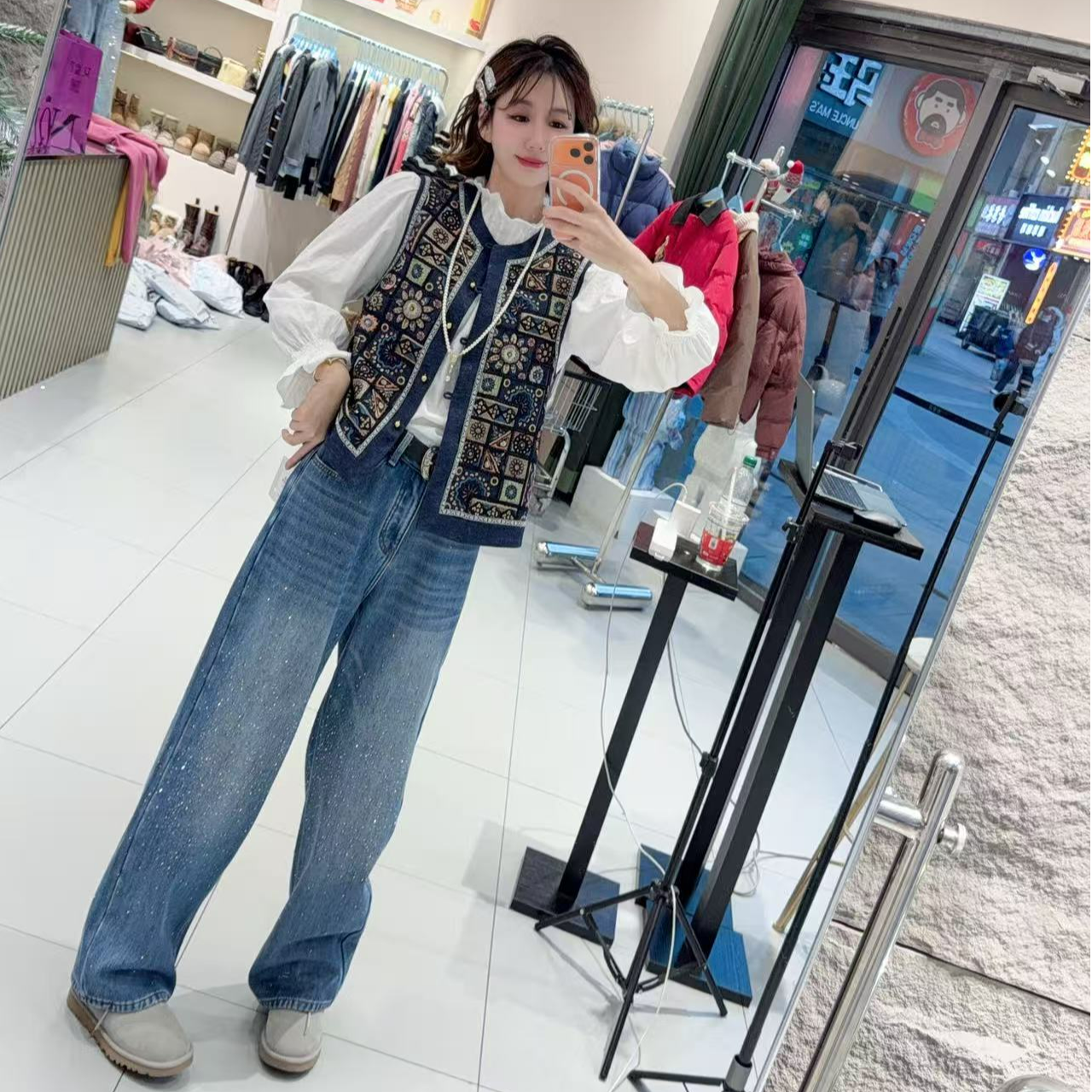 女皇【冬季新品满天星碎钻直筒牛仔裤加绒加厚】牛仔裤