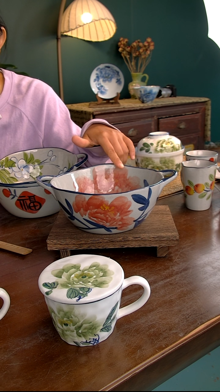 瓷片10英寸双耳大汤碗-红牡丹