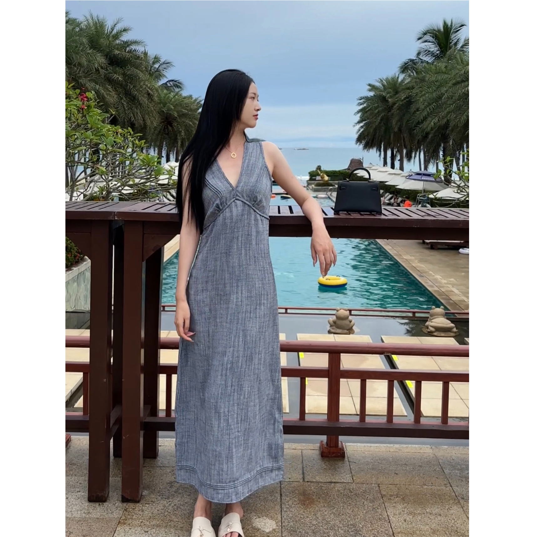 【山涧水 】夏季新款法式v领无袖清冷感连衣裙