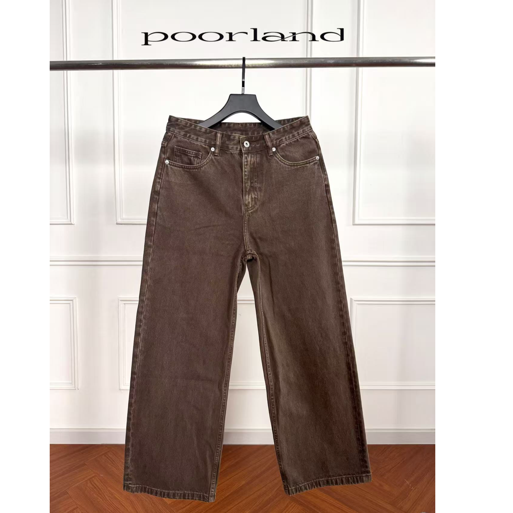 [棕色水洗牛]14.5盎司阿苏特染直筒阔腿A字牛仔裤PoorLandCN2号店