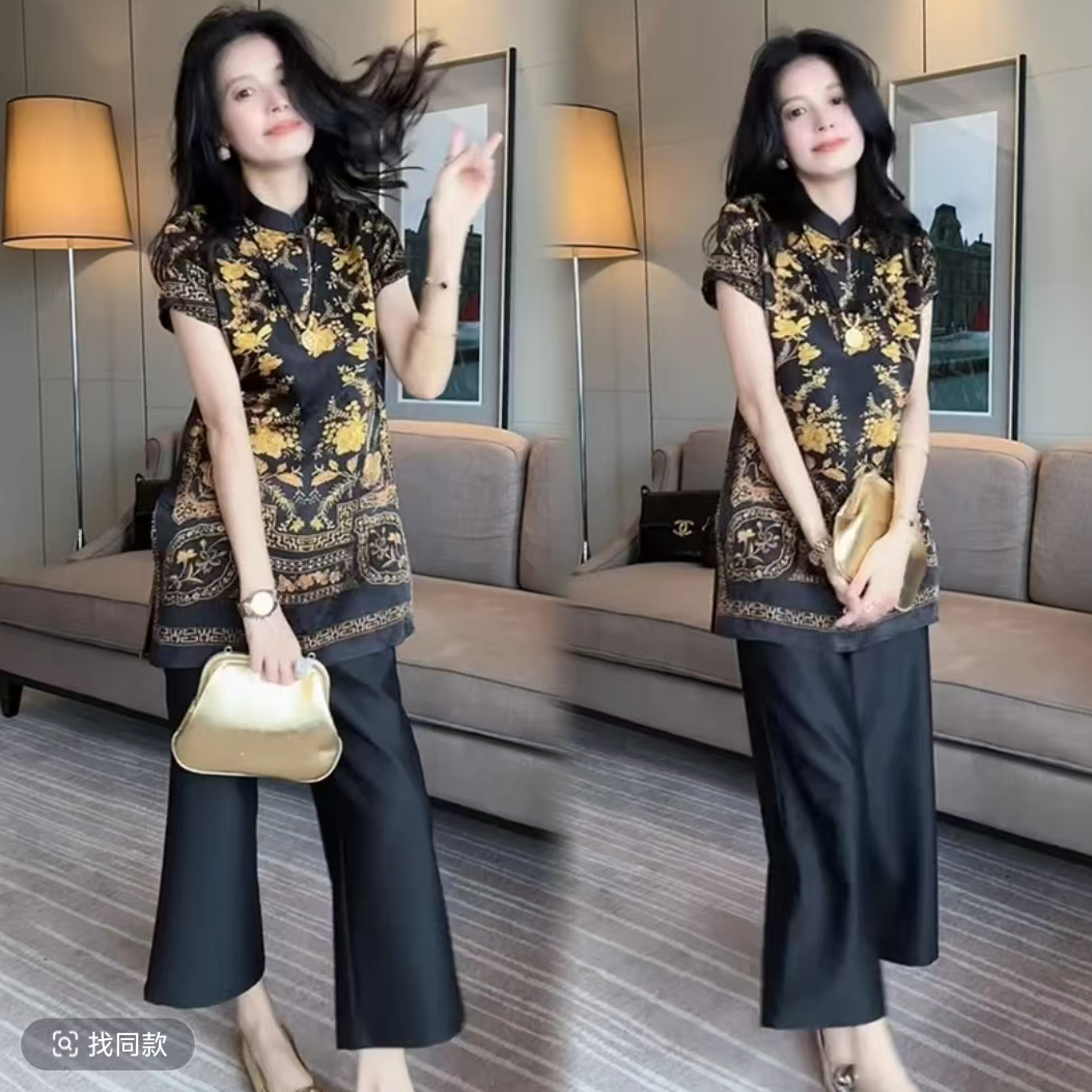 轻奢老钱风高腰阔腿裤女2025年夏季新款高档洋气休闲两件套