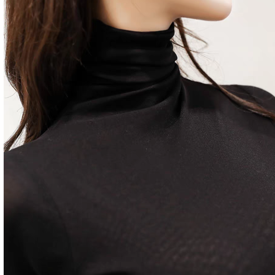 堆领黑色网纱弹力修身打底衫女长袖基础款内搭长小衫新款