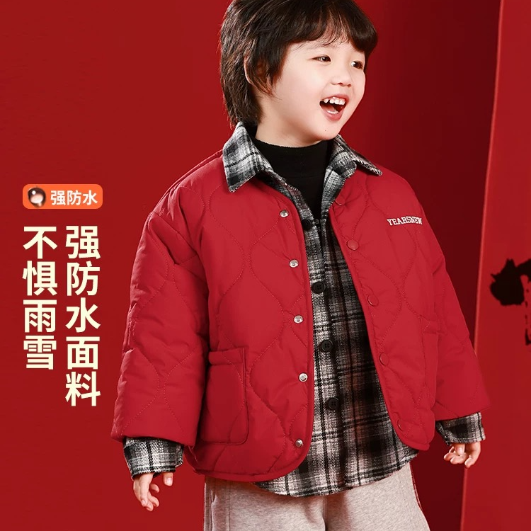 红色翻领假两件儿童棉服