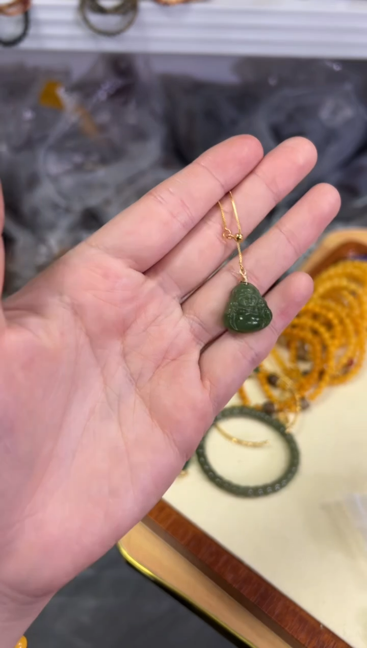 【闪购商品】和田玉颈饰银S925镶嵌和田碧玉佛公银吊坠项链[406]