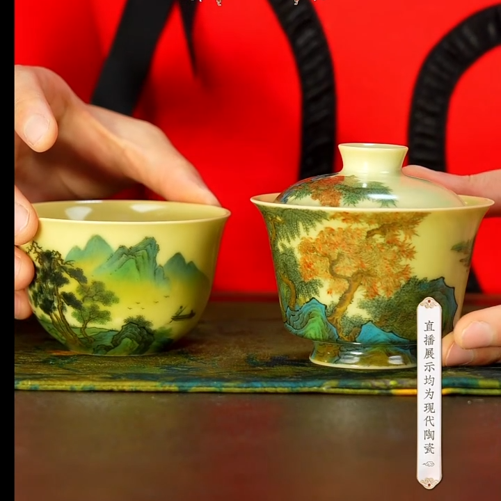 【小乔赏瓷】谢小金景德镇手工手绘山水濠梁秋水图盖碗xxj362.