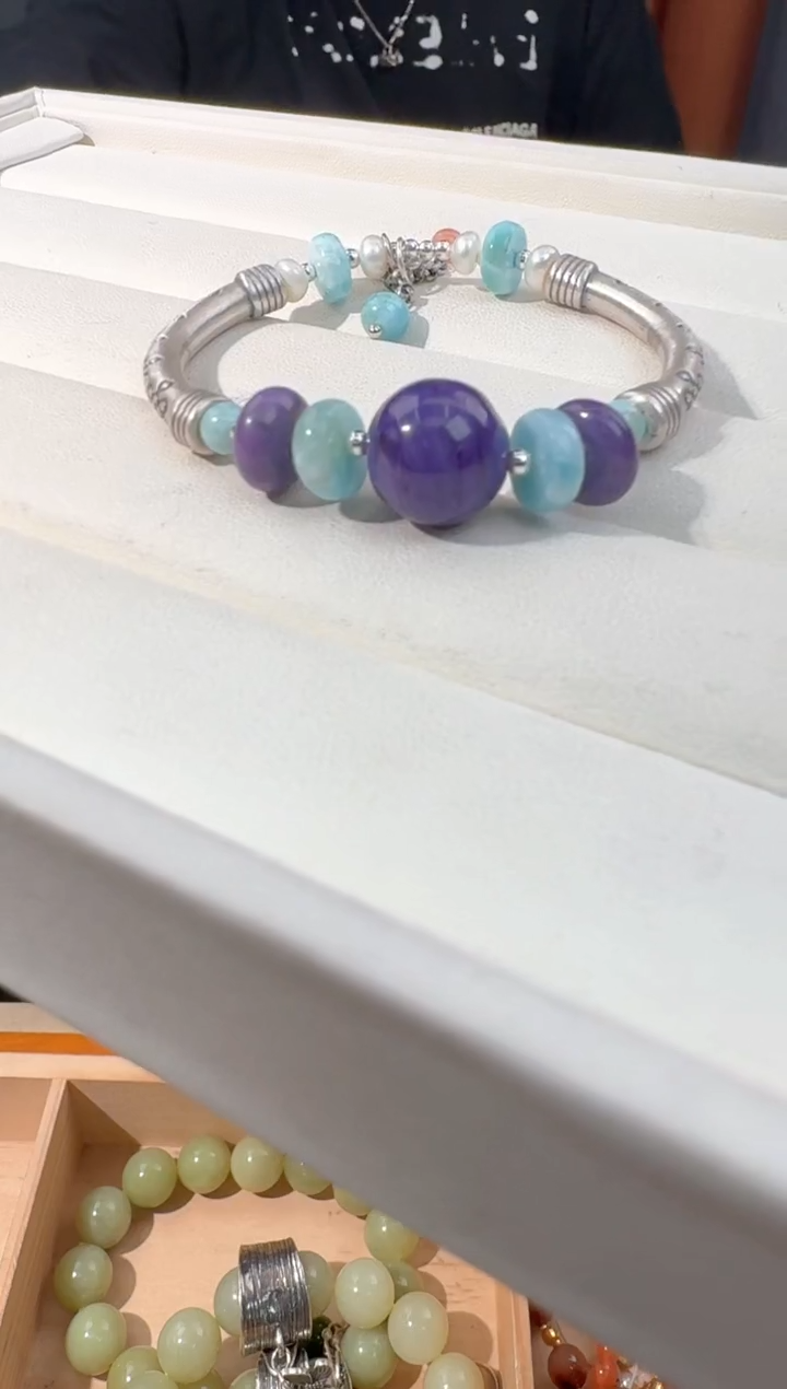 【闪购商品】查罗石（紫龙晶）手绳银S925镶嵌紫龙盘珠朱双半镯款