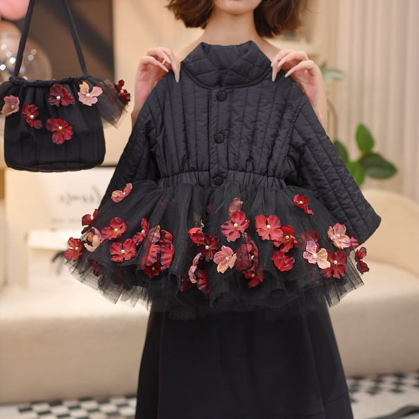 【汐】冬季加厚黑色蓬蓬纱女童棉服外套