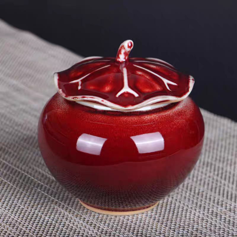 中国神后钧瓷茶具 窑变鸡血红荷叶盖 茶仓 茶叶罐