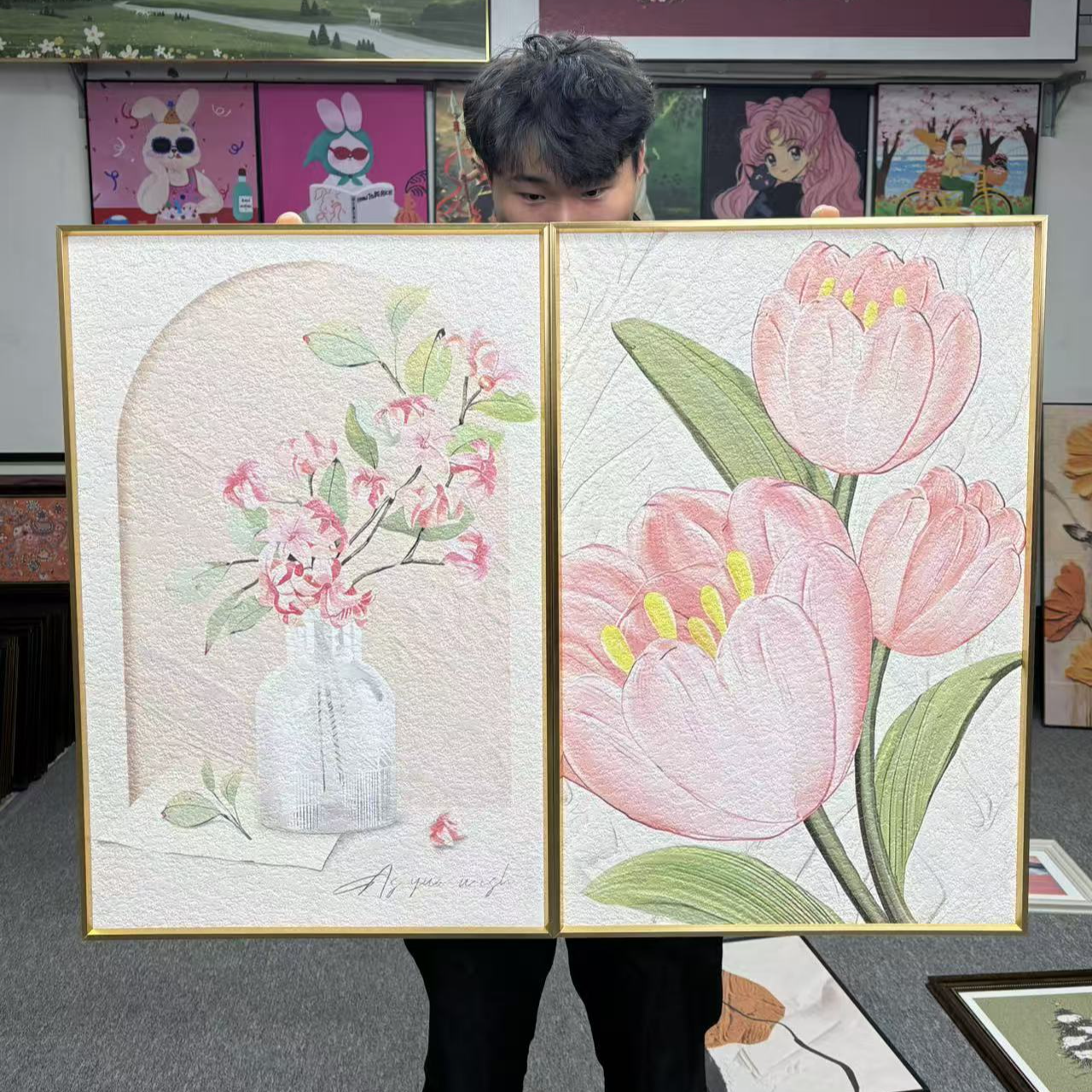 奶油风卧室装饰画北欧郁金香主卧床头挂画两联花卉餐厅挂画4060