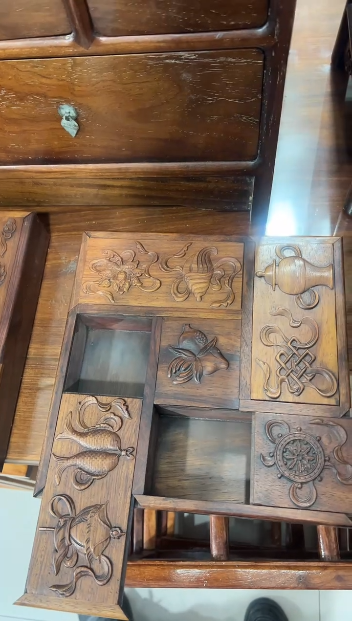 花梨木博古图五抽盒