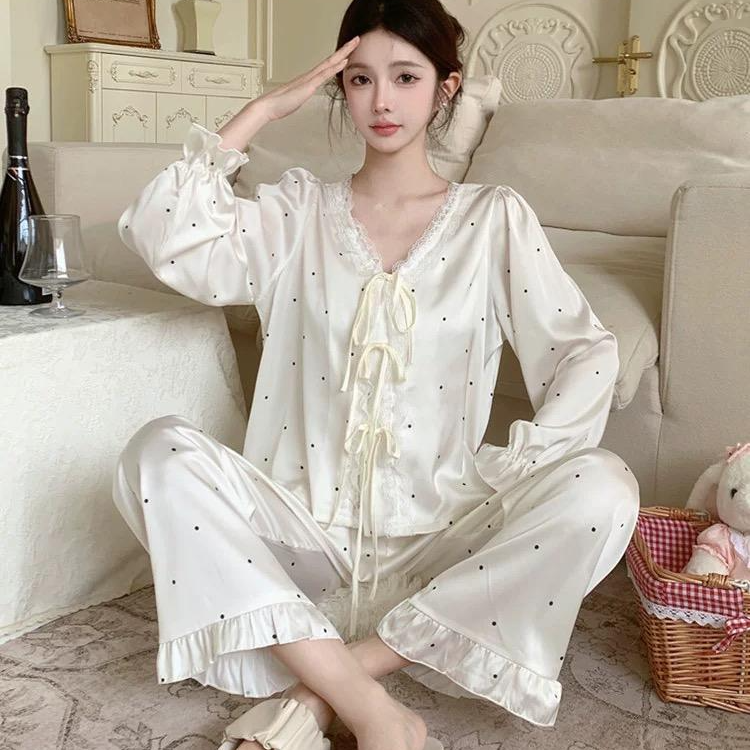 西米主播【香啵啵】长袖长裤睡衣套装春夏柔光丝显瘦显白家居服纯欲